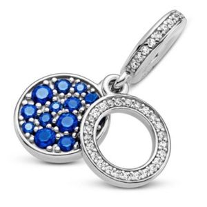 Sparkling Blue Disc Double Dangle Charm with Classic Cable Chain Necklace